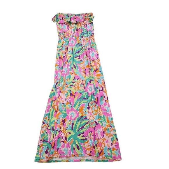 Lilly Pulitzer Maxi Dress Medium Lulu Flamingo Halter Off the Shoulder Resort We - Picture 3 of 4